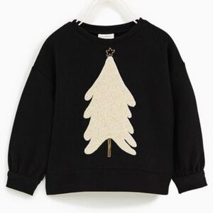 Zara Girls Glitter Tree Holiday Christmas Sweatshirt Black Gold (3/4Y)